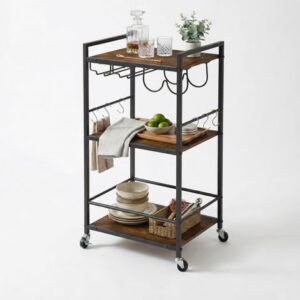 FurnitureR 3-Tier Rolling Kitchen Trolley Cart, Industrial Wood and Metal, with Hooks, Wine Holder, 43x33x84cm, Brown